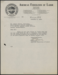 William Green (American Federation of Labor) typed note signed to Amleto Fabbri, Washington, D.C., February 2, 1926