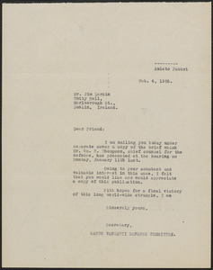 Amleto Fabbri (Sacco-Vanzetti Defense Committee) typed note (copy) to James Larkin, Boston, Mass., February 4, 1926