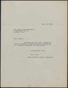 Sacco-Vanzetti Defense Committee typed letter (copy) to Alice Stone Blackwell, Boston, Mass., February 18, 1926