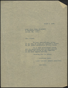 Sacco-Vanzetti Defense Committee typed letter (copy) to Alice Stone Blackwell, Boston, Mass., March 4, 1926