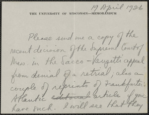 W. G. Rice Jr. S autograph letter signed to Sacco-Vanzetti Defense Committee, Madison, Wis., April 19, 1926