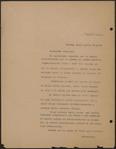 Amleto Fabbri typed letter (copy) in Italian, to Carissimi Compagni, Boston, Mass., April 27, 1926
