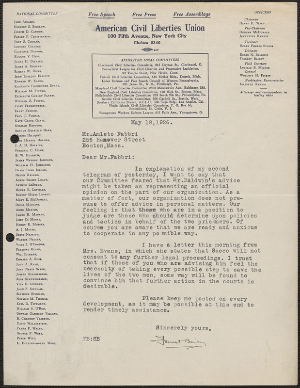 Forrest Bailey (American Civil Liberties Union) typed letter signed to