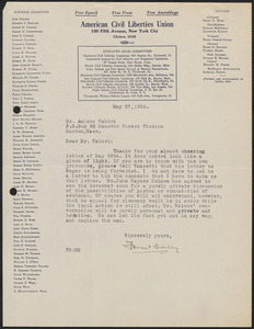 Forrest Bailey (American Civil Liberties Union) typed letter signed to Amleto Fabbri, New York. N.Y., May 27, 1927