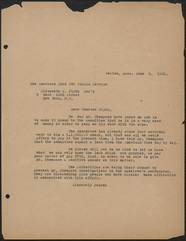 Sacco-Vanzetti Defense Committee typed letter (copy) to Elizabeth ...