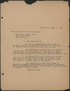 Sacco-Vanzetti Defense Committee typed letter (copy) to Elizabeth Gurley Flynn (The American Fund for Public Service), Boston, Mass., June 8, 1926