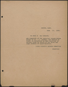 Sacco-Vanzetti Defense Committee typed note (copy) to whom it may concern, Boston, Mass., June 10, 1926