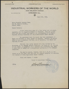 John J. Turner (Industrial Workers of the World) typed letter signed to Sacco-Vanzetti Defense Committee, Chicago, Ill., June 11, 1926