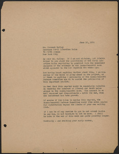 Sacco-Vanzetti Defense Committee typed letter (copy) to Forrest Bailey (American Civil Liberties Union), Boston, Mass., June 15, 1926