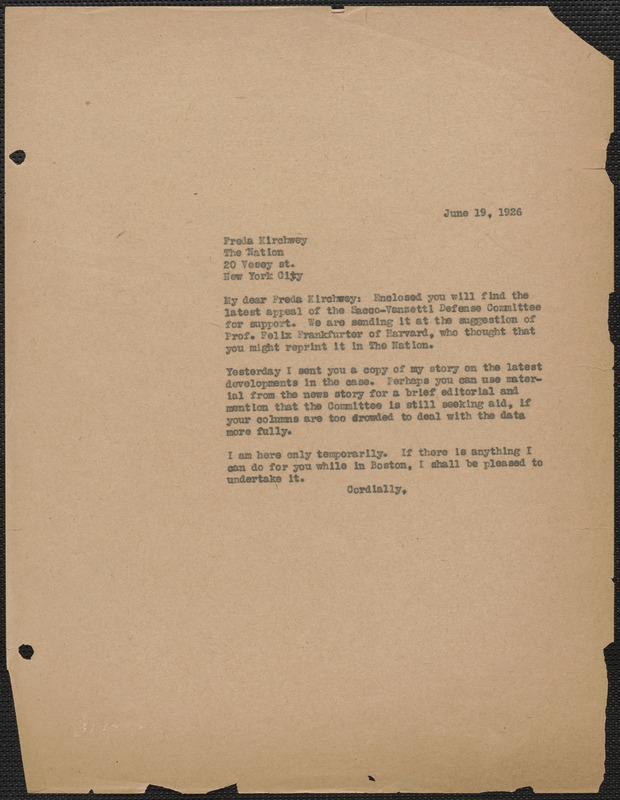 Sacco-Vanzetti Defense Committee typed letter (copy) to Freda Kirchway, Boston, Mass., June 19, 1926