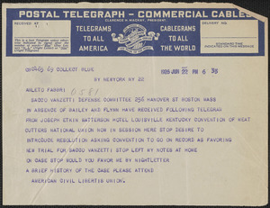 American Civil Liberties Union telegram to Amleto Fabbri, New York, N.Y., June 22, 1926