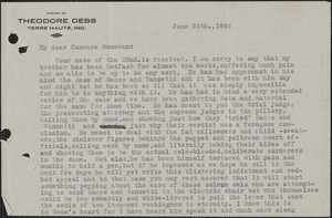 Theodore Debs typed letter signed to Mary Donovan, Terre Haute, Ind., June 24, 1926