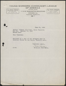 Sam Darcy (Young Workers (Communist) League of America) typed note signed to Sacco-Vanzetti Defense Committee, Chicago, Ill., June 25, 1926