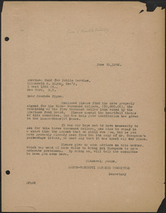 Amleto Fabbri (Sacco-Vanzetti Defense Committee) typed letter (copy) to Elizabeth Gurley Flynn (The American Fund For Public Service, Inc.), Boston, Mass., June 25, 1926