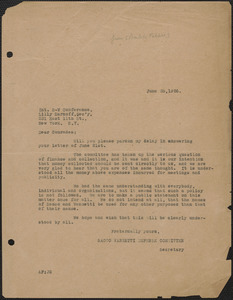 Amleto Fabbri (Sacco-Vanzetti Defense Committee) typed letter (copy) to Lilly Sarnoff (International Sacco-Vanzetti Conference), Boston, Mass., June 25, 1926