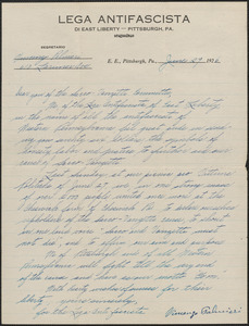 Vincenzo Palmieri (Lega Amtofascosta) autograph letter signed to Sacco-Vanzetti Defense Committee, Pittsburgh, Pa., June 29, 1926