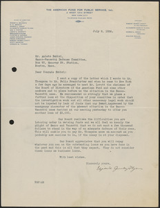 Elizabeth Gurley Flynn (The American Fund for Public Service, Inc.) typed letter signed to Amleto Fabbri, New York, N.Y., July 8, 1926