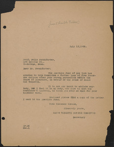 Amleto Fabbri (Sacco-Vanzetti Defense Committee) typed letter (copy) to Felix Frankfurter, Boston, Mass., July 13, 1926