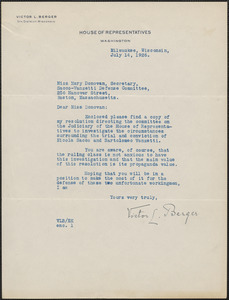 Victor L. Berger typed letter signed to Mary Donovan, Milwaukee, Wis., July 14, 1926