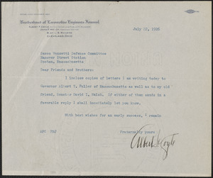 Albert F. Coyle (Brotherhood of Locomotive Engineers Journal) typed note signed to Sacco-Vanzetti Defense Committee, Cleveland, Ohio, July 22, 1926