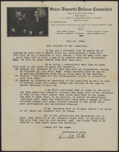 Amleto Fabbri typed letter signed to Sacco-Vanzetti Defense Committee, Boston, Mass., July 24, 1926