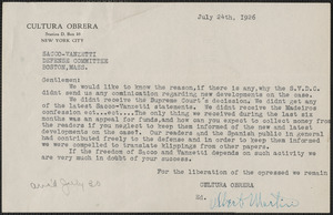 Alberto Martini (Cultura Obrera) typed letter signed to Sacco-Vanzetti Defense Committee, New York, N.Y., July 24, 1926