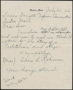 Edna L. Robinson autograph note signed to Sacco-Vanzetti Defense Committee, Weston, Mass., July 25, 1926