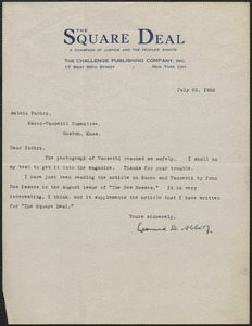 Leonard D. Abbott (The Square Deal) typed letter signed to Amleto Fabbri (Sacco-Vanzetti Defense Committee), New York, N.Y., 25 July 1926