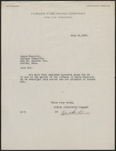 Albert Steinhauser (Turner Publishing Company) typed note signed to Sacco-Vanzetti Defense Committee, New Ulm, Minn., July 26, 1926