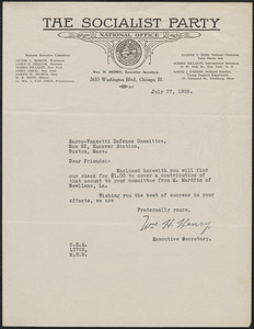 William H. Henry (The Socialist Party, National Office) typed letter signed to Sacco-Vanzetti Defense Committee, Chigago, Ill., July 27, 1926