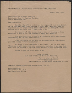 Anna Cornblath (Sacco-Vanzetti United Labor Conference, San Francisco) typed letter signed to Sacco-Vanzetti Defense Committee, San Francisco, Calif., August 2, 1926