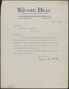 Leonard D. Abbott (The Square Deal) typed letter signed to Amleto Fabbri (Sacco-Vanzetti Defense Committee), New York, N.Y., August 5, 1926