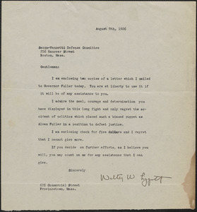 Walter W. Liggett typed letter signed to Sacco-Vanzetti Defense Committee, Provincetown, Mass., August 5, 1926
