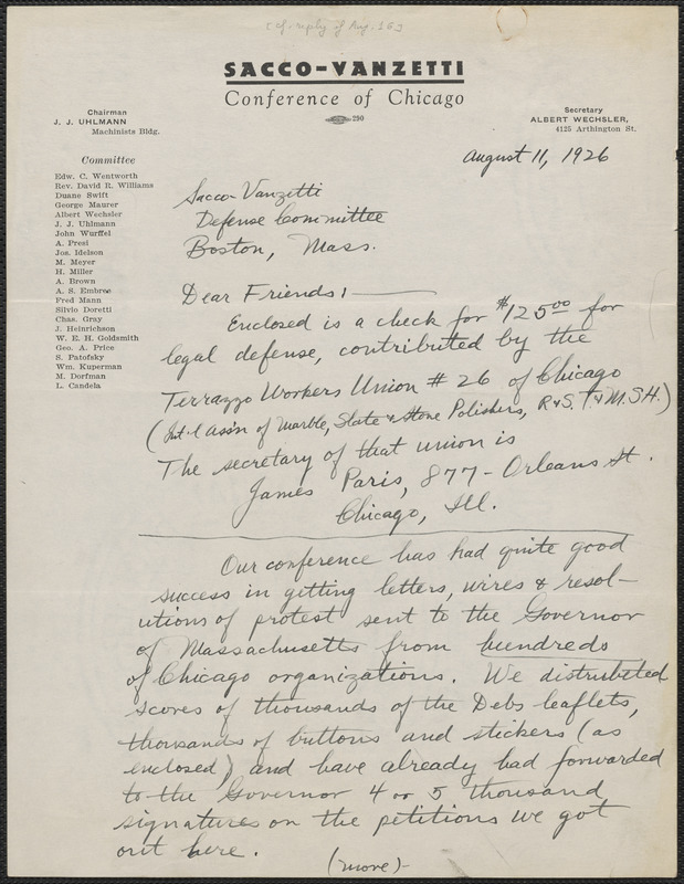 Albert Wechsler (Sacco-Vanzetti Conference of Chicago) autograph letter signed to Sacco-Vanzetti Defense Committee, Chicago, Ill., August 11, 1926