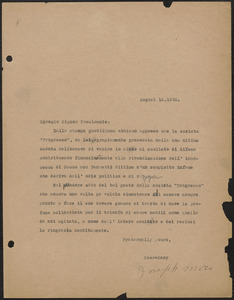 Joseph Moro (Sacco-Vanzetti Defense Committee) typed letter signed (copy), in Italian, to the president of Società Progresso, Boston, Mass., August 16, 1926