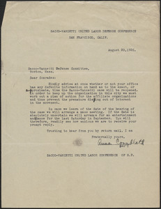 Anna Cornblath (Sacco-Vanzetti United Labor Conference, San Francisco) typed letter signed to Sacco-Vanzetti Defense Committee, San Francisco, Calif., August 20, 1926