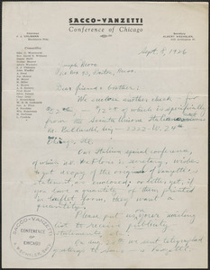 Albert Wechsler (Sacco-Vanzetti Conference of Chicago) autograph letter signed to Sacco-Vanzetti Defense Committee, Chicago, Ill., September 8, 1926