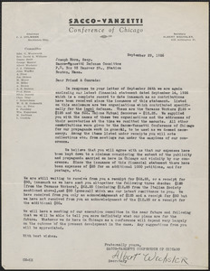 Albert Wechsler (Sacco-Vanzetti Conference of Chicago) typed letter signed to Joseph Moro, Chicago, Ill., September 29, 1926