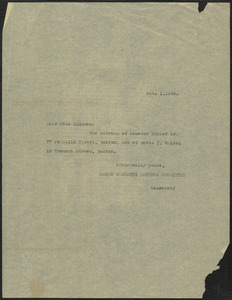 Sacco-Vanzetti Defense Committee typed note (copy) to Margaret Shipman, Boston, Mass., October 1, 1926