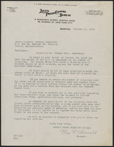 Thomas Donnell (Luce's Press Clipping Bureau) typed letter signed to Sacco-Vanzetti Defense Committee, Boston, Mass., October 11, 1926