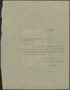 Sacco-Vanzetti Defense Committee typed note (copy) to Sacco-Vanzetti Conference of Chicago, Boston, Mass., October 13, 1926