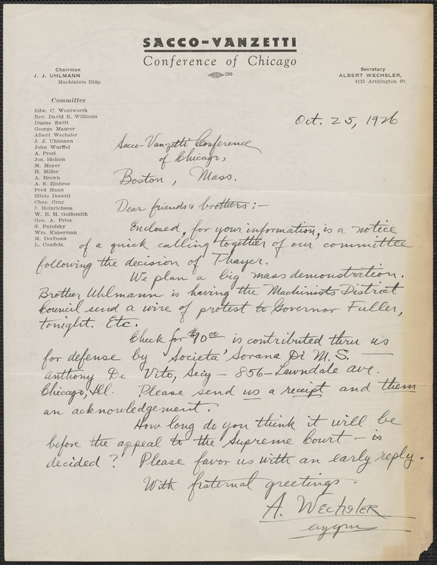 Albert Welchsler (Sacco-Vanzetti Conference of Chicago) autograph letter signed to Sacco-Vanzetti Defense Committee, Chicago, Ill., October 25, 1926