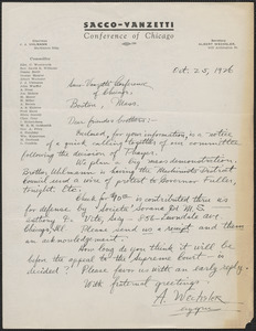 Albert Welchsler (Sacco-Vanzetti Conference of Chicago) autograph letter signed to Sacco-Vanzetti Defense Committee, Chicago, Ill., October 25, 1926