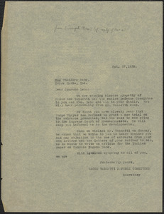 Joseph Moro (Sacco-Vanzetti Defense Committee) typed letter (copy) to Theodore Debs, Boston, Mass., October 27, 1926