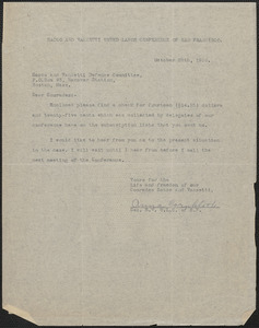 Anna Cornblath (Sacco-Vanzetti United Labor Conference, San Francisco) typed note signed to Sacco-Vanzetti Defense Committee, San Francisco, Calif., October 28, 1926