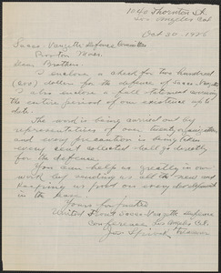 Joseph Spivak (United Front Sacco-Vanzetti Defense Conference) autograph letter signed to Sacco-Vanzetti Defense Committee, Los Angeles, Calif., October 30, 1926