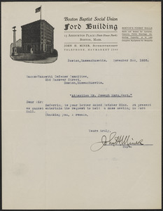 John H. Miner (Boston Baptist Social Union) typed note signed to Sacco-Vanzetti Defense Committee (attention: Joseph Moro), Boston, Mass., November 2, 1926