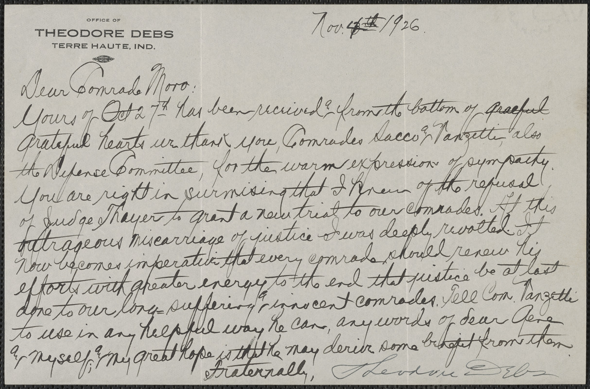 Theodore Debs autograph letter signed to Joseph Moro, Terra Haute, Ind., November 4, 1926