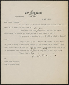 John J. Leary, Jr. (The New York World) typed letter signed to Mary Donovan, New York, N.Y., November 6, 1926