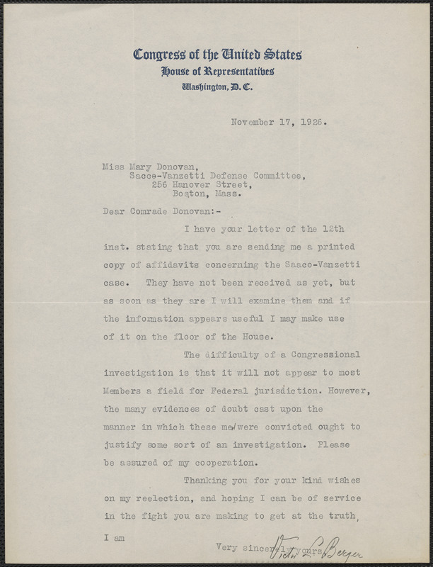 Victor L. Berger typed letter signed to Mary Donovan, Washington, D.C., November 17, 1926